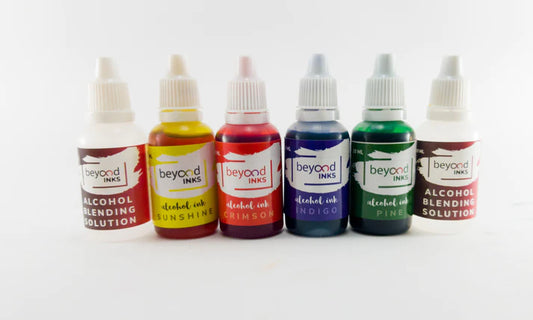 Alcohol Ink Starter Kit - 4 Inks, 2 Blending Solutions and 5 sheets YUPO