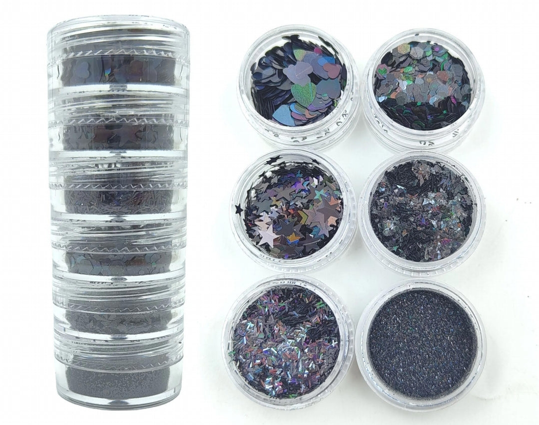 6 in 1 Glitter and Chunk Combo Set - Rainbow Black